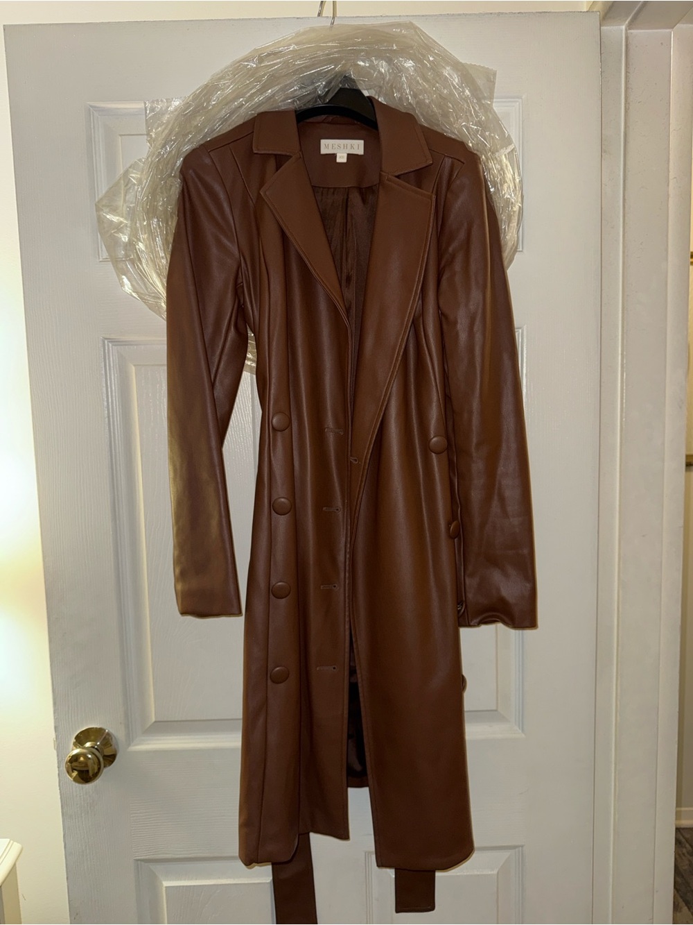 Meshki Brown Faux-Leather Trench Coat